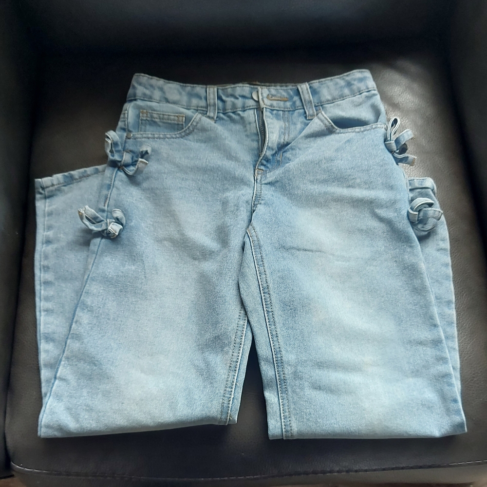 Light Wash Denim Jeans with Side Tie Details